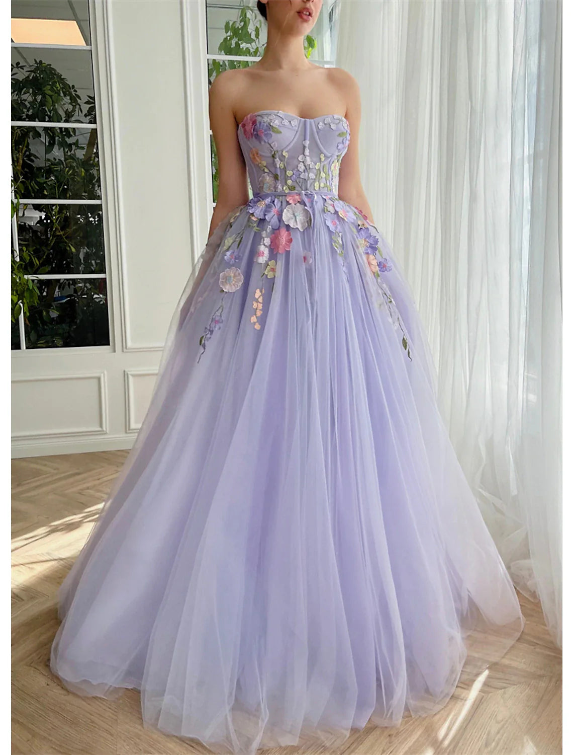 A-Line Evening Gown Floral Dress Wedding Court Train Sleeveless Strapless Tulle with Appliques Floral Print girly