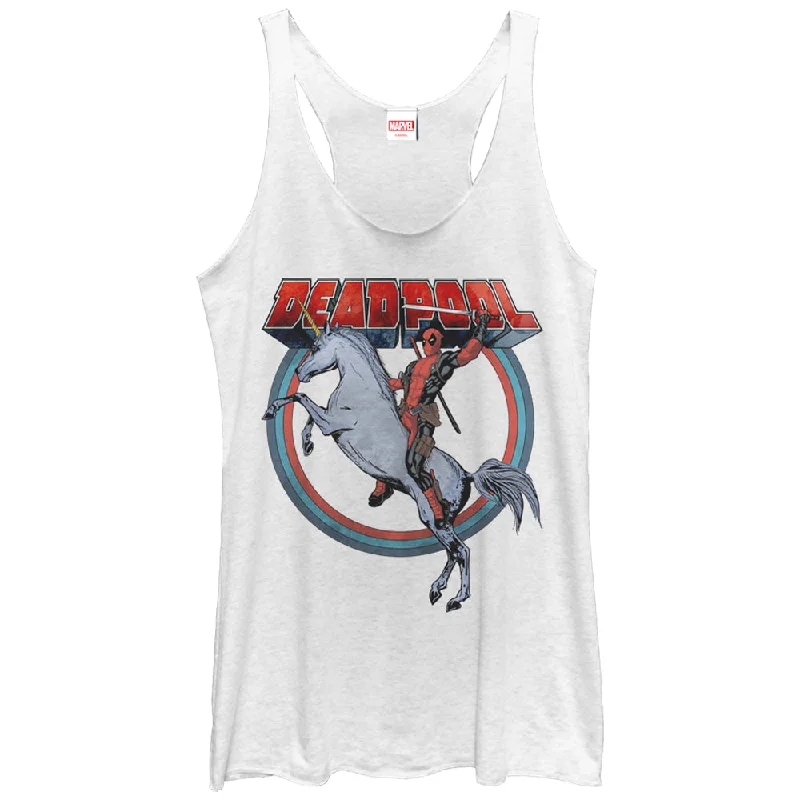 Women's Marvel Deadpool Rides Unicorn Racerback Tank Top lace back tank