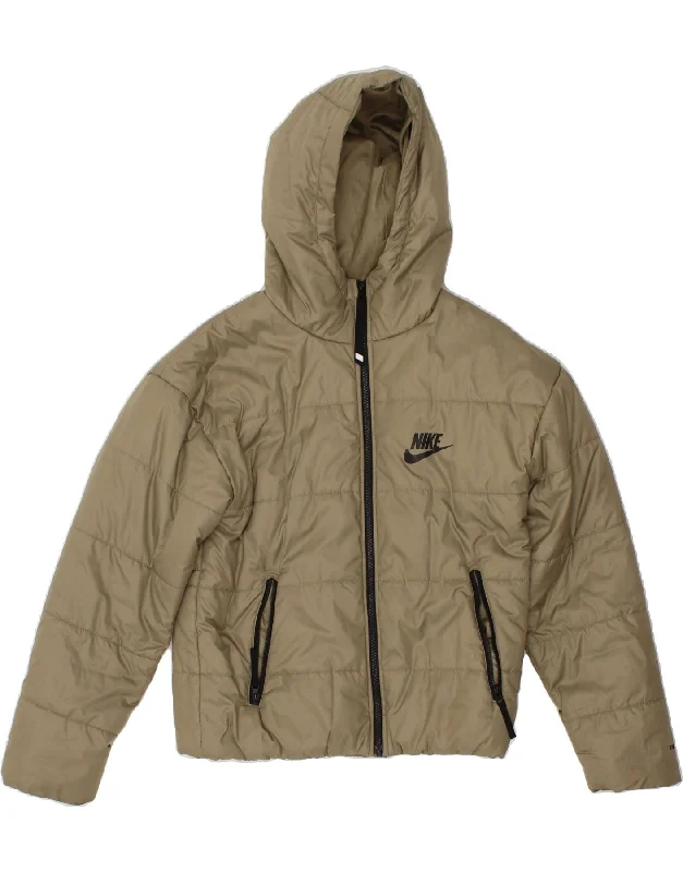 NIKE Womens Hooded Padded Jacket UK 6 XS Khaki Polyester Jersey Jacket Tulle Jacket Batik Jacket