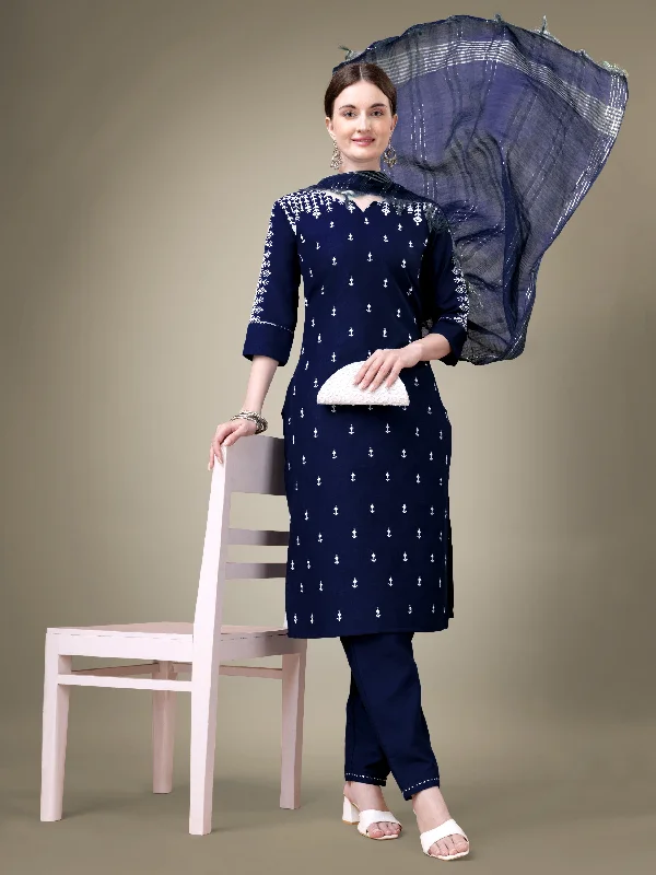 Women's Navy Blue Cotton Blend Embroidery & Sequence Work Kurta With Trouser & Dupatta - Jyoti Fashion Trousers Leisure Comfortable