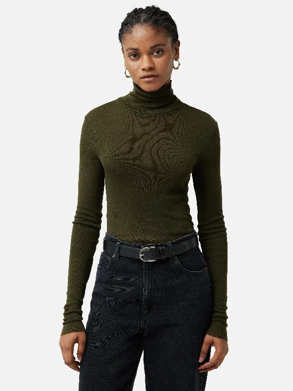 Wool Jersey Polo Neck Top | Khaki Emerald Green Jersey Tee