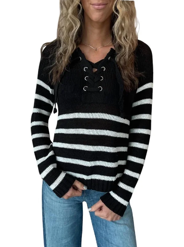 Palmer Laced Sweater In Black/white Denim Fabric Leather Fabric Suede Fabric