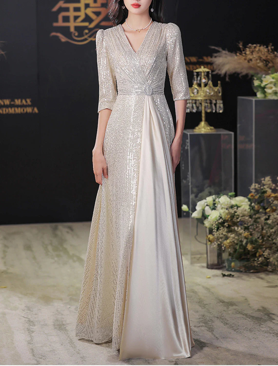 A-Line Evening Gown Elegant Dress Wedding Guest Prom Floor Length Half Sleeve V Neck Sequined with Glitter Fringe Tassel Tunics Trousers formal A-Line Evening Gown Elegant Dress Wedding Guest Prom Floor Length Half Sleeve V Neck Sequined with Glitter Fringe Tassel Tunics Trousers formal