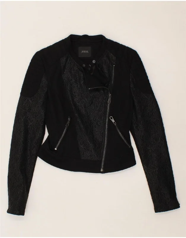 GUESS Womens Biker Jacket UK 4 XS Black Floral Polyester Cotton Fabric Linen Fabric Terry Fabric