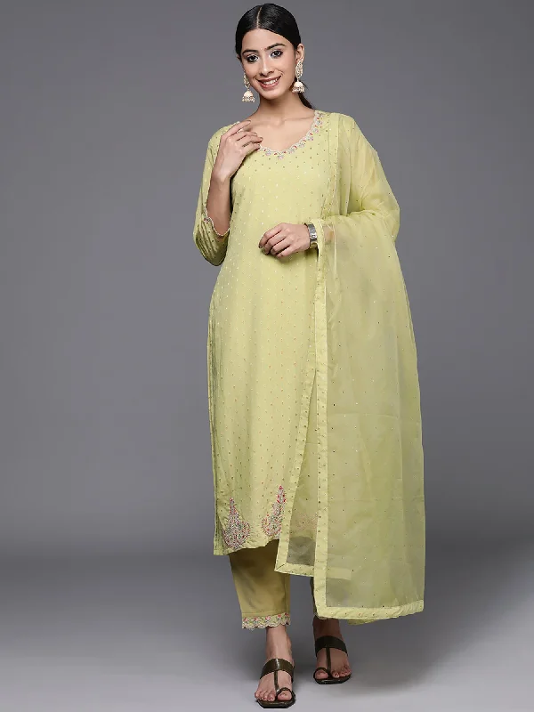 Women's Olive Embroidered Straight Kurta Trousers With Dupatta Set - Indo Era Trousers practical durable