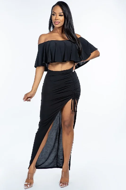 Solid Ity Off The Shoulder Ruffled Cropped Top And Ruched Maxi Skirt Two Piece Set corduroy skirt comfortable