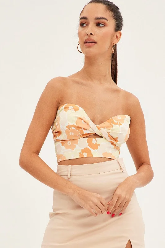 Orange Floral Twist Crop Top Bandeau Floral Print Fleece Nylon Spandex