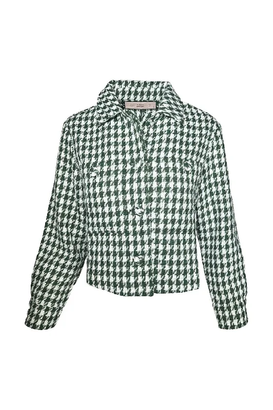 Women’S Geometric Tweed Cropped Jacket In Green/ivory Zippered Front Buttoned Front Snap Front