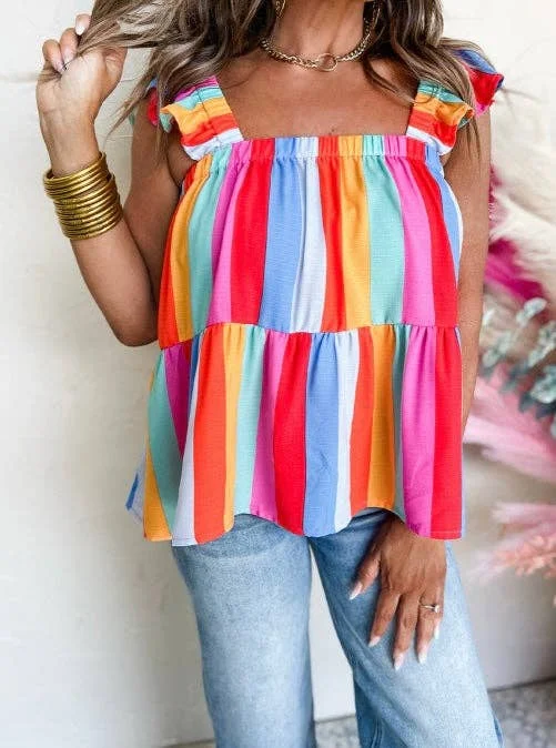 Stripe Ruffled Straps Babydoll Tank Top boho tank top