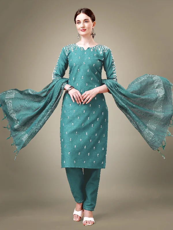 Women's Teal Cotton Blend Embroidery & Sequence Work Kurta With Trouser & Dupatta - Jyoti Fashion Trousers Chinos Classic