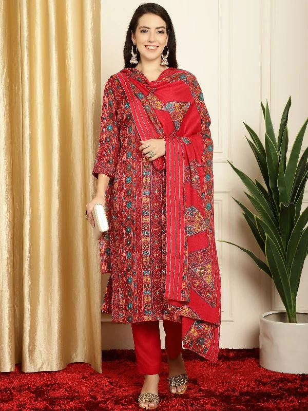 Women's Red Pashmina Floral Digital Printed Kurta With Trouser & Dupatta - Jyoti Fashion Trousers New Arrival