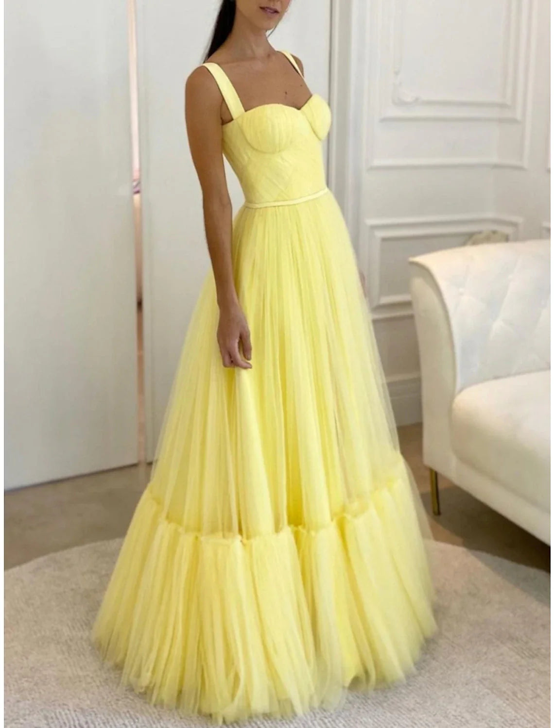A-Line Evening Gown Elegant Dress Formal Floor Length Sleeveless Sweetheart Tulle with Pleats Tunics Denim casual A-Line Evening Gown Elegant Dress Formal Floor Length Sleeveless Sweetheart Tulle with Pleats Tunics Denim casual