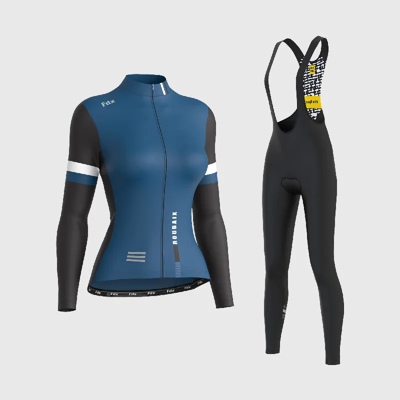 Fdx Women's & Girl's Set Limited Edition Thermal Roubaix Long Sleeve Cycling Jersey & Bib Tights - Blue Patterned Jersey Tee Fdx Women's & Girl's Set Limited Edition Thermal Roubaix Long Sleeve Cycling Jersey & Bib Tights - Blue Patterned Jersey Tee