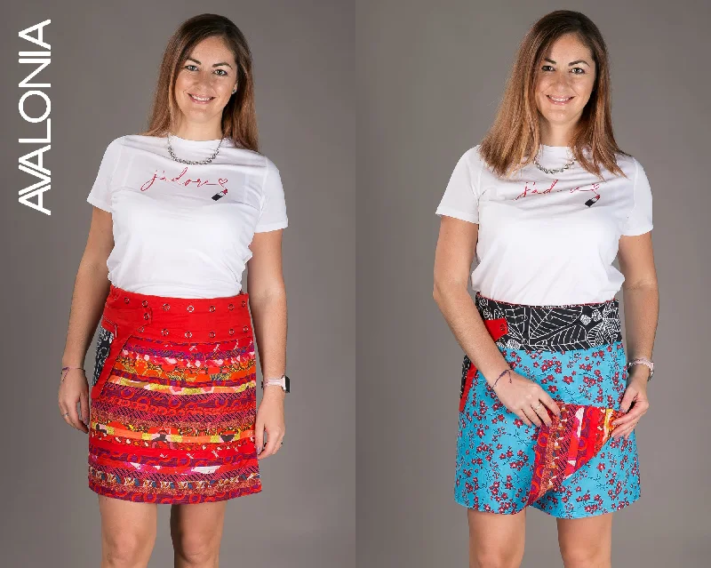 Reversible Cotton Skirt Red Patch Blue Print with Pocket lace skirt delicate