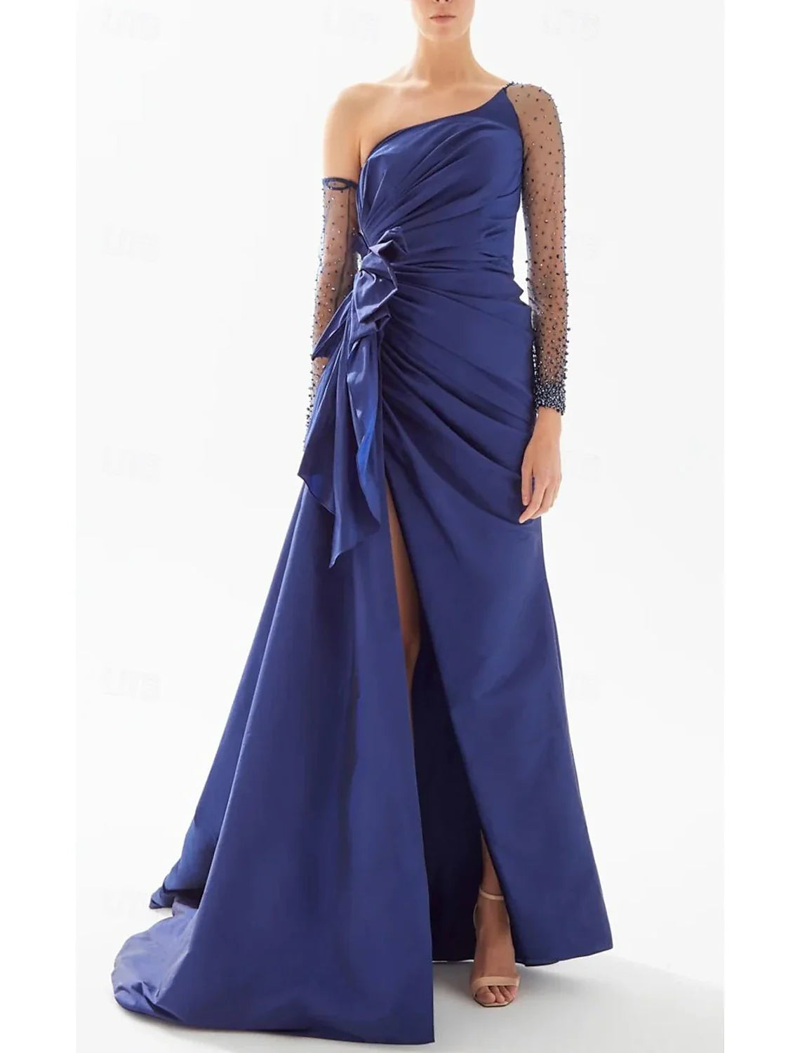 A-Line Evening Gown Black Dress Dress Formal Floor Length Long Sleeve One Shoulder Satin with Bow(s) Beading Tunics Essential wardrobe A-Line Evening Gown Black Dress Dress Formal Floor Length Long Sleeve One Shoulder Satin with Bow(s) Beading Tunics Essential wardrobe