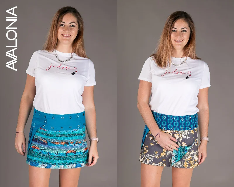 Reversible Cotton Skirt Blue Patch Blue Print with Pocket low waist skirt