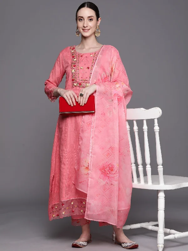 Women's Pink Embroidered A-Line Kurta Trousers With Dupatta Set - Indo Era Trousers stylish modern