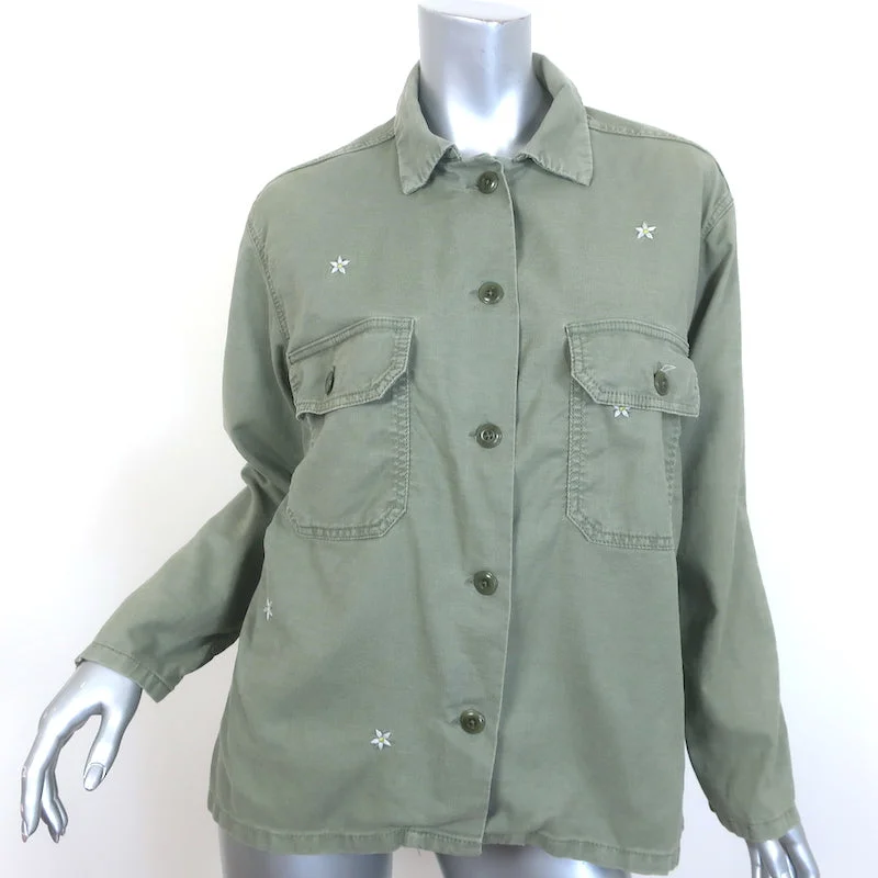 THE GREAT Floral-Embroidered Army Shirt Jacket Light Olive Size 1 Notch Collar Jacket Peter Pan Collar Jacket Cowl Neck Jacket