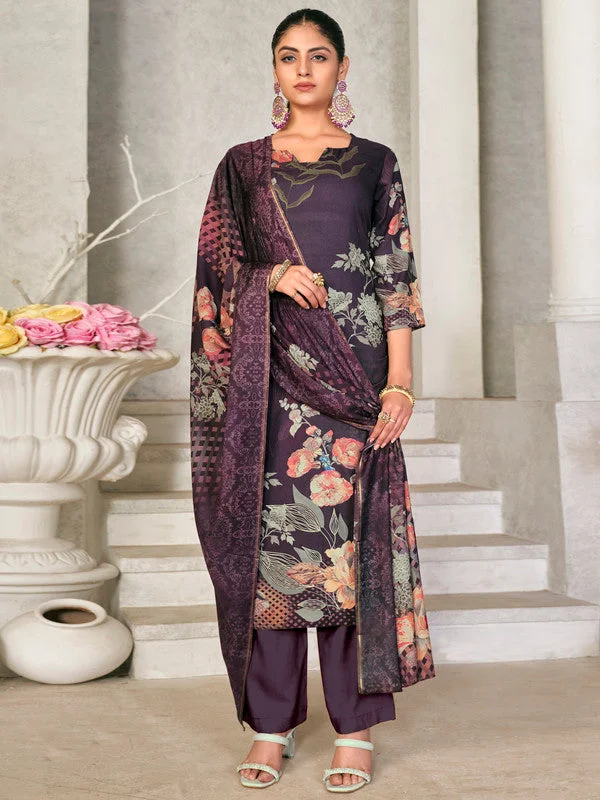 Women's Violet Pashmina Floral Digital Printed Kurta With Trouser & Dupatta - Jyoti Fashion Trousers Floral Bohemian