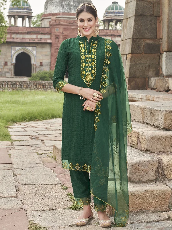 Women's Green Embroidered Straight Kurta Trousers With Dupatta Set - Indo Era Trousers Timeless Classic
