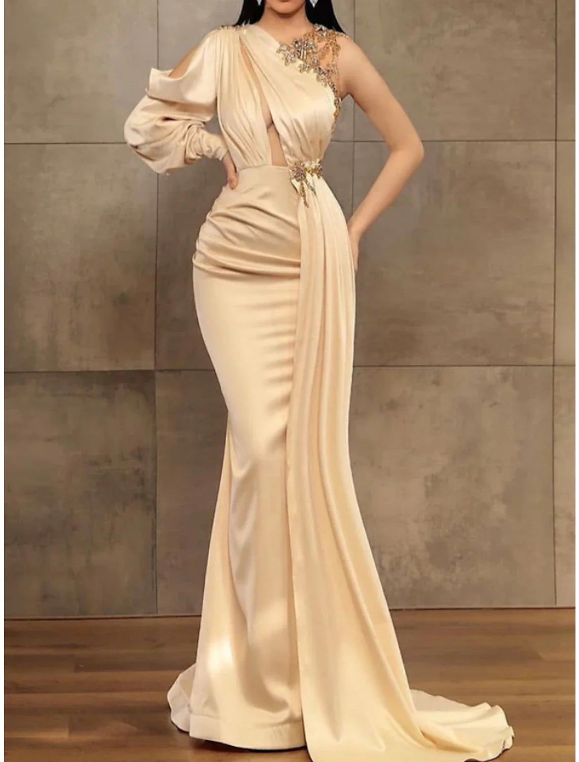 Sheath / Column Evening Gown Elegant Dress Formal Sweep / Brush Train Long Sleeve Jewel Neck Satin with Pleats Ruched Appliques Tunics Practical durable Sheath / Column Evening Gown Elegant Dress Formal Sweep / Brush Train Long Sleeve Jewel Neck Satin with Pleats Ruched Appliques Tunics Practical durable