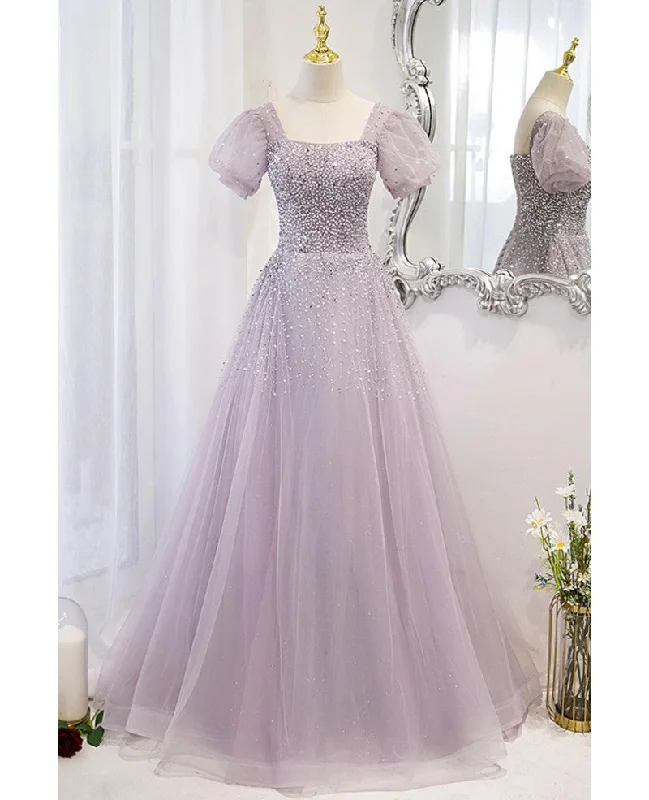 Elegant and unique lavender square neckline fluffy short sleeved beaded sequin ball dress lavender A-line princess sheer backless strap and floor length evening dress Turtleneck Neckline Stylish Elegant and unique lavender square neckline fluffy short sleeved beaded sequin ball dress lavender A-line princess sheer backless strap and floor length evening dress Turtleneck Neckline Stylish