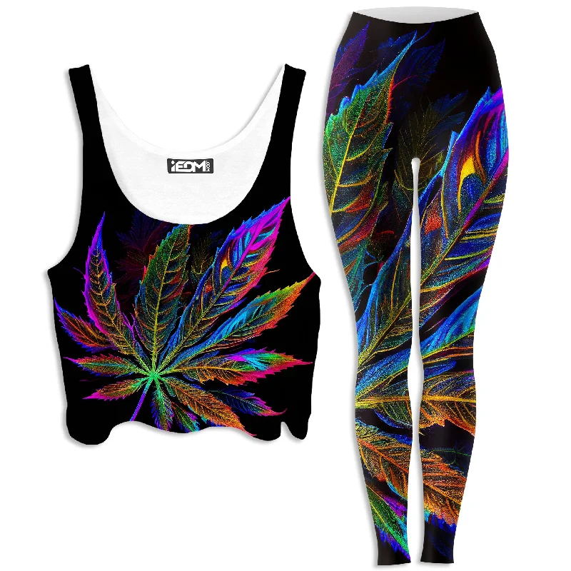 Blacklight Weed Crop Top and Leggings Combo Print Jacquard Patchwork