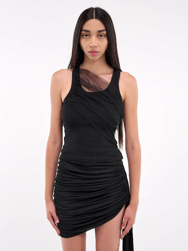 Front Tulle Gathered Tank (DK03T-BLACK) turquoise tank top
