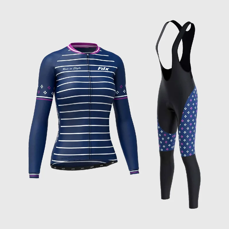 Fdx Women's & Girl's Set Ripple Thermal Super Roubaix Navy Blue Cycling Jersey & Bib Tights Dark Color Jersey Shirt Fdx Women's & Girl's Set Ripple Thermal Super Roubaix Navy Blue Cycling Jersey & Bib Tights Dark Color Jersey Shirt