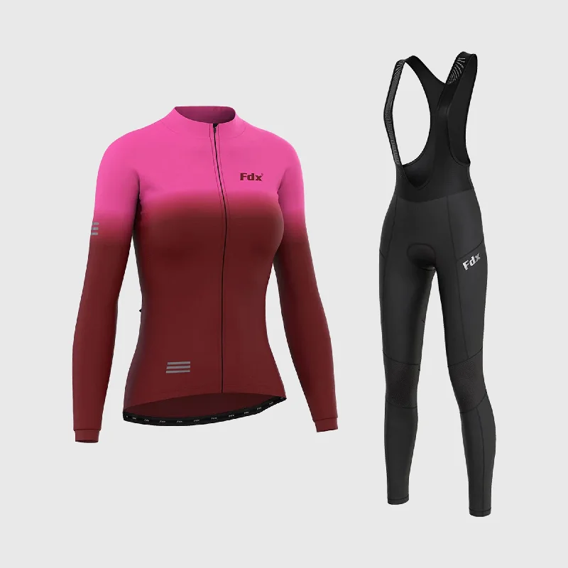 Fdx Women's & Girl's Set Duo Thermal Super Roubaix Pink / Maroon Long Sleeve Cycling Jersey & Bib Tights Floral Jersey Blouse Fdx Women's & Girl's Set Duo Thermal Super Roubaix Pink / Maroon Long Sleeve Cycling Jersey & Bib Tights Floral Jersey Blouse