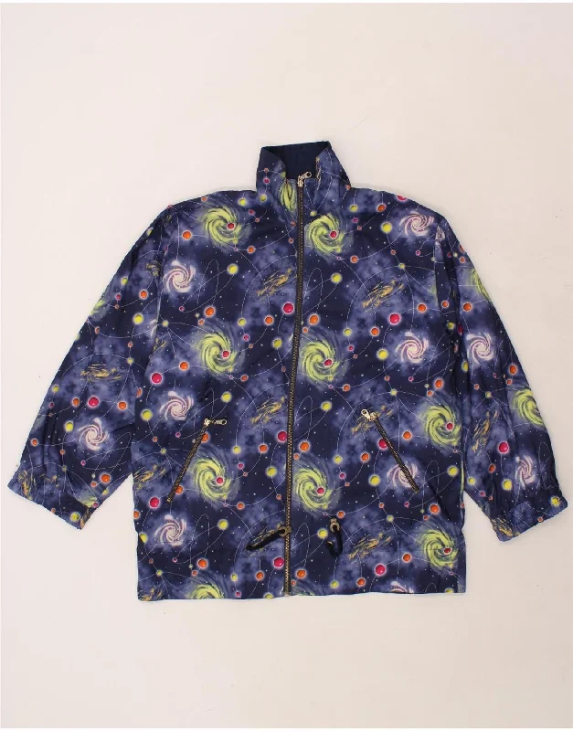 VINTAGE Womens Abstract Pattern Windbreaker Jacket UK 16 Large Navy Blue Satin Fabric Silk Fabric Chiffon Fabric