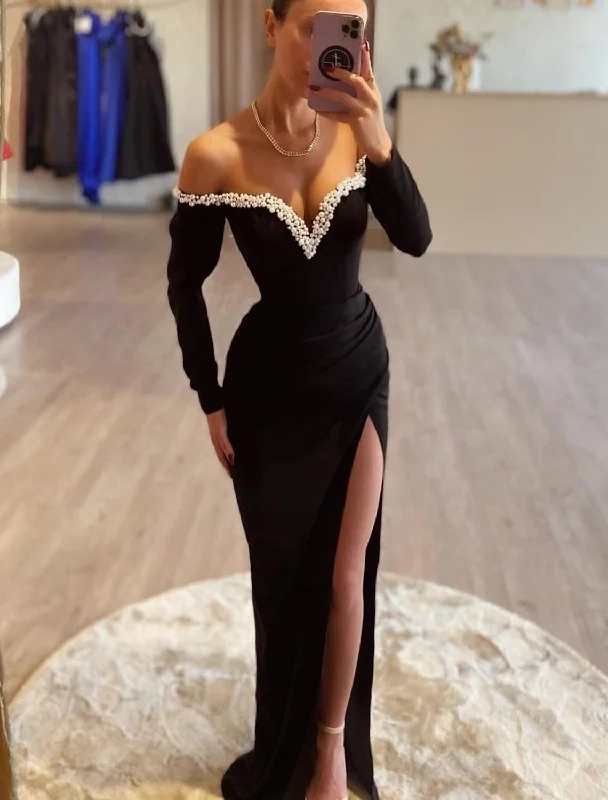 Mermaid / Trumpet Evening Gown Elegant Dress Formal Floor Length Long Sleeve Sweetheart Italy Satin with Pearls Slit Turtleneck Neckline Stylish Mermaid / Trumpet Evening Gown Elegant Dress Formal Floor Length Long Sleeve Sweetheart Italy Satin with Pearls Slit Turtleneck Neckline Stylish