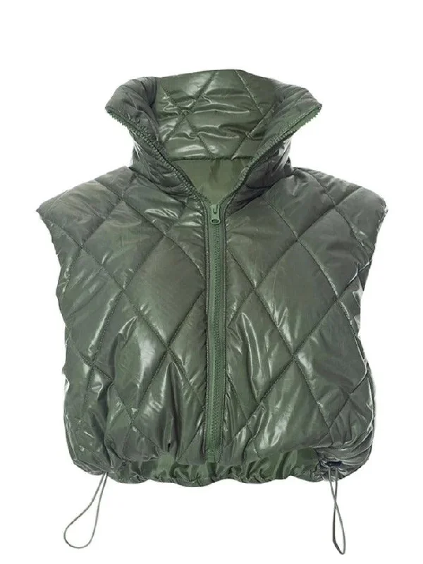 Solid Color Argyle High Neck Drawstring Short Puffer Jacket Mesh Jacket Canvas Jacket Denim Jacket