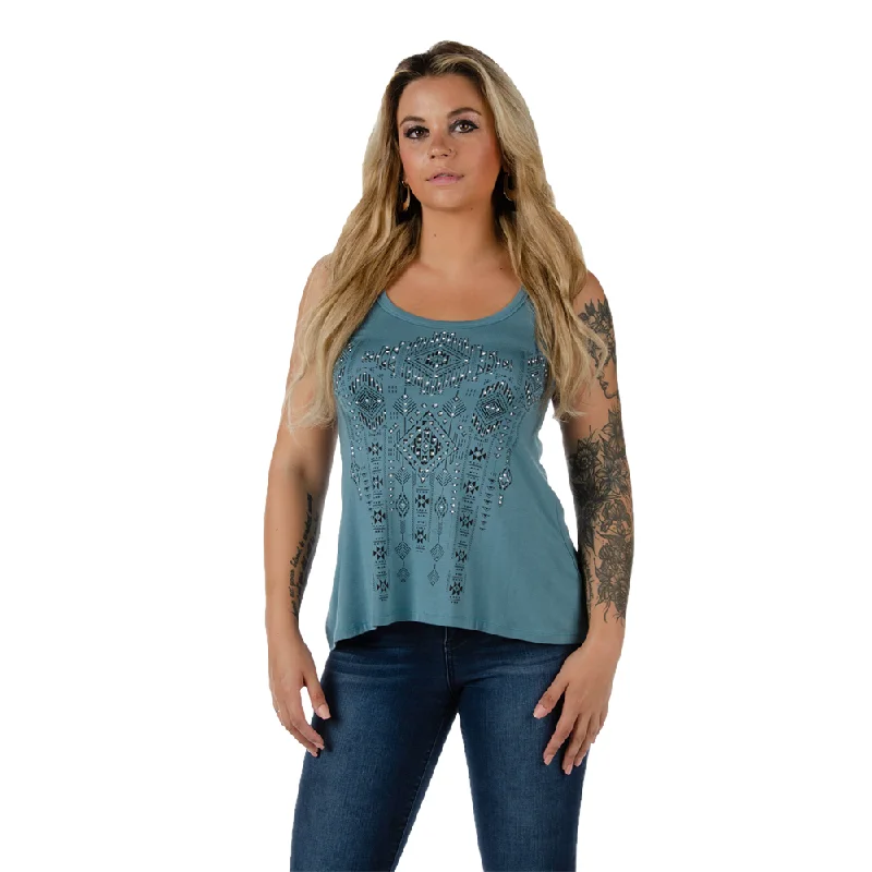 Liberty Wear Ladies Maeve Tribal Rhinestone Teal Tank Top 7523 sage tank top