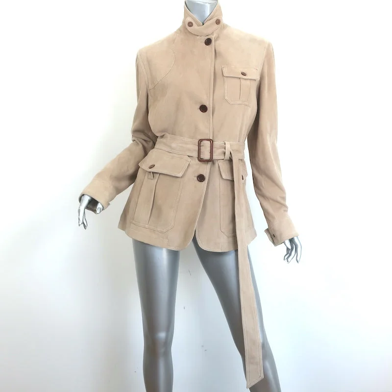 LAUREN Ralph Lauren Belted Suede Safari Jacket Beige Size Large Front Pockets Side Pockets Patch Pockets