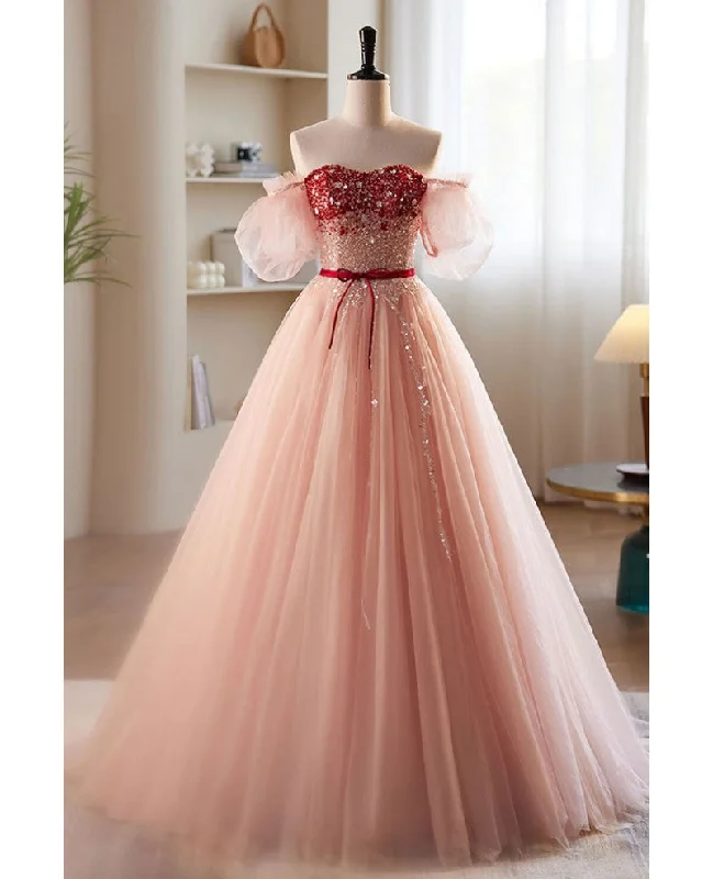 Elegant and sweet powder blusher powder beading sequins off shoulder short sleeve prom dress powder blusher powder A-shaped princess bow belt tulle backless and floor length evening dress Maxi Flowy Bohemian Elegant and sweet powder blusher powder beading sequins off shoulder short sleeve prom dress powder blusher powder A-shaped princess bow belt tulle backless and floor length evening dress Maxi Flowy Bohemian