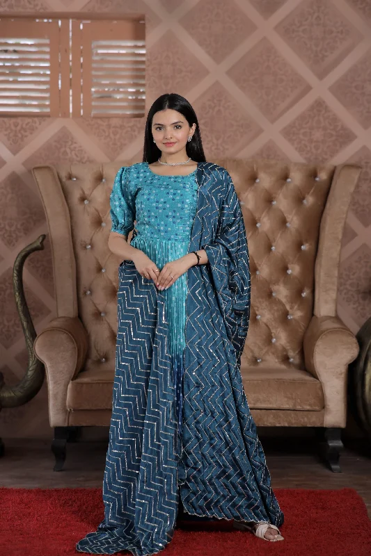 Women's Blue Muslin Floral Print With Crush Pleating Kurta With Trouser & Dupatta - Jyoti Fashion Trousers Top Rated