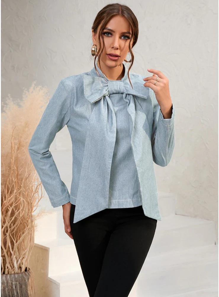 BOW SHORT LONG SLEEVE DENIM JACKET Satin Jacket Silk Jacket Chiffon Jacket