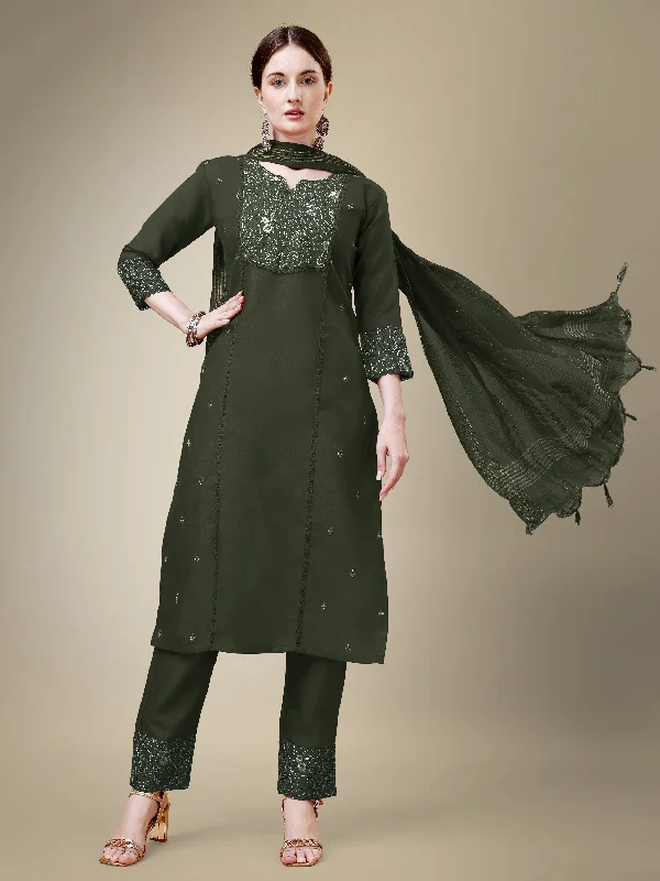 Women's Dark Green Cotton Blend Embroidery & Fancy Lace Work Kurta With Trouser & Dupatta - Jyoti Fashion Trousers Denim Distressed