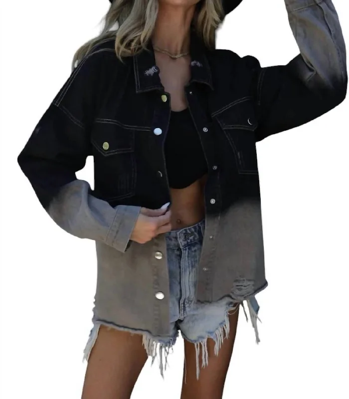 Mya Rock & Roll Distress Ombre Denim Jacket In Black Faux Fur Jacket Real Fur Jacket Shearling Jacket