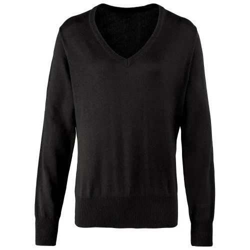 Premier Womens/Ladies Knitted Cotton Acrylic V Neck Sweatshirt Hoodie with Hem Patch Decorative Personalized