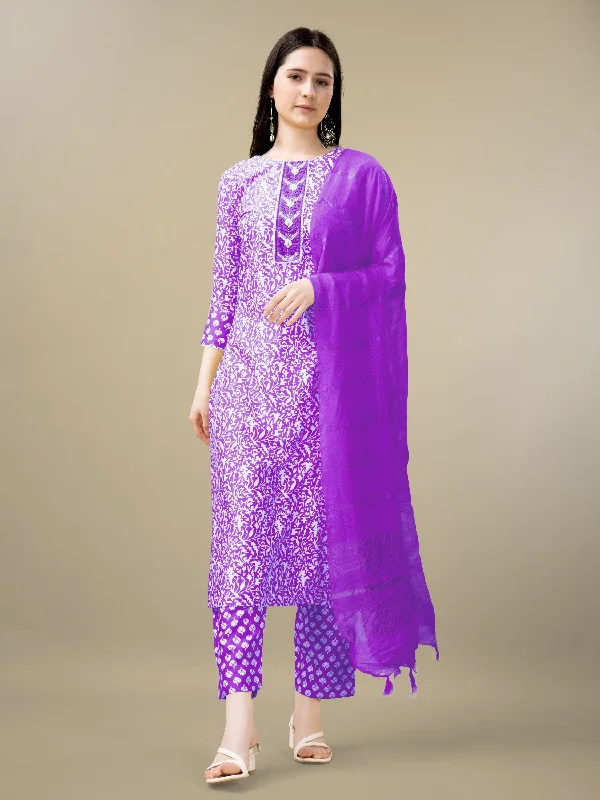 Women's Purple Rayon Embroidery & Sequence Work Kurta With Trouser & Dupatta - Jyoti Fashion Trousers Harem Relaxed Fit