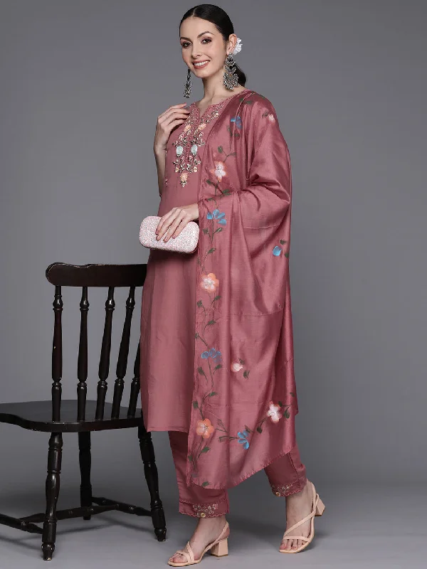 Women's Mauve Embroidered Straight Kurta Trousers With Dupatta Set - Indo Era Trousers cozy soft