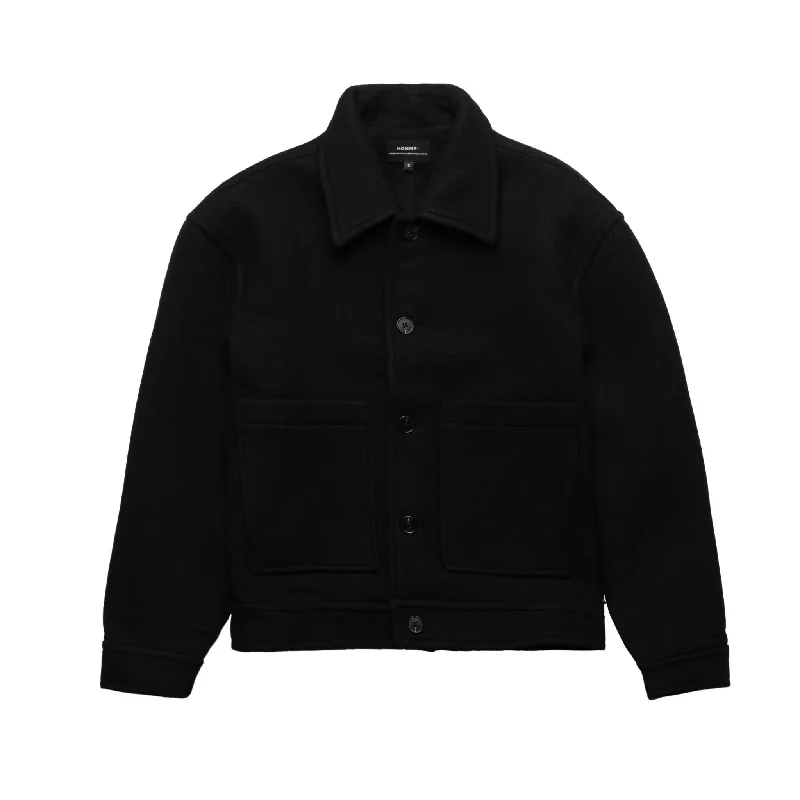 HOMME+ Cropped Wool Jacket Black Zippered Front Buttoned Front Snap Front