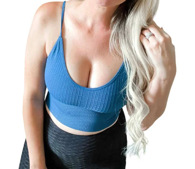 Seamless Strappy Crop Top Bralette In Teal Fashionable Trendy Casual