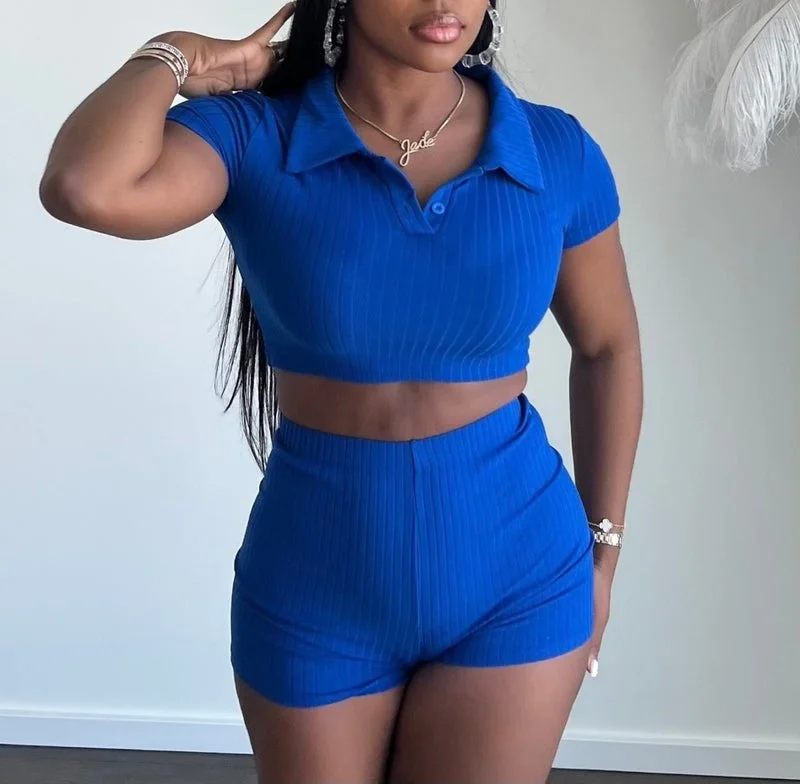 BTP3979P-Rib Collar SS Crop Top & Shorts Set Mesh Blend Leather Blend Suede Blend