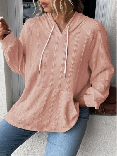 Melanie Textured Drawstring Kangaroo Pocket Hoodie Hoodie Jacket Zipper Layering