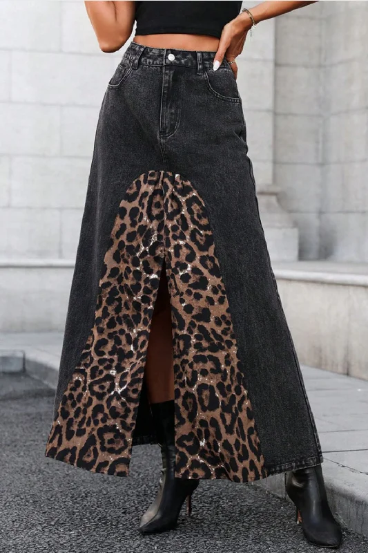 Hazel Blues® |  Slit Leopard Midi Denim Skirt wool skirt sturdy