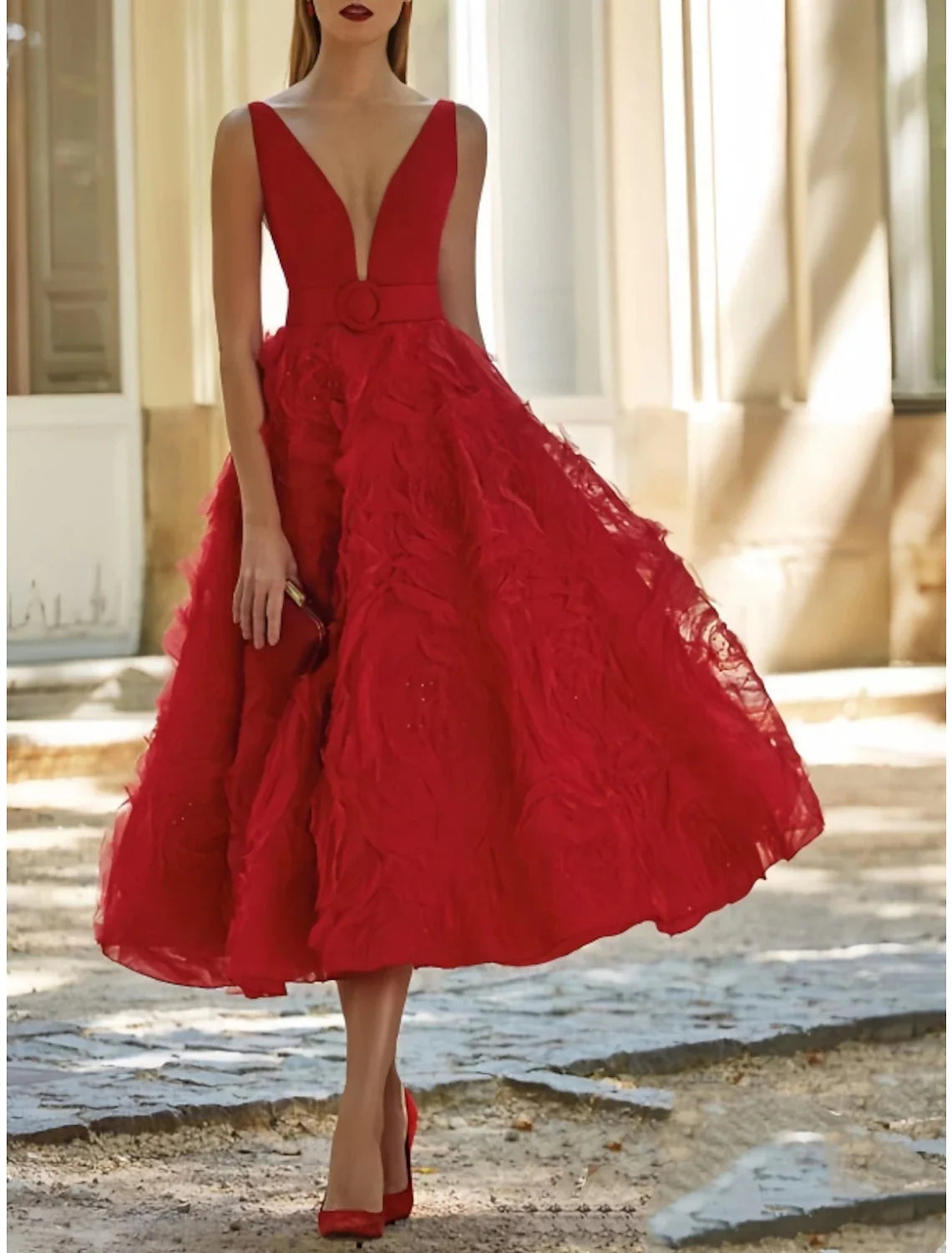 A-Line Evening Gown Elegant Dress Wedding Guest Birthday Tea Length Sleeveless V Neck Belt / Sash Lace with Pleats Floral Print girly