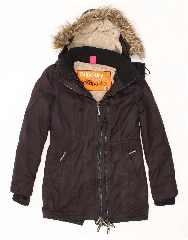 SUPERDRY Womens Loose Fit Hooded Parka Jacket UK 6 XS Black Polyester Cardigan Sweater Pullover